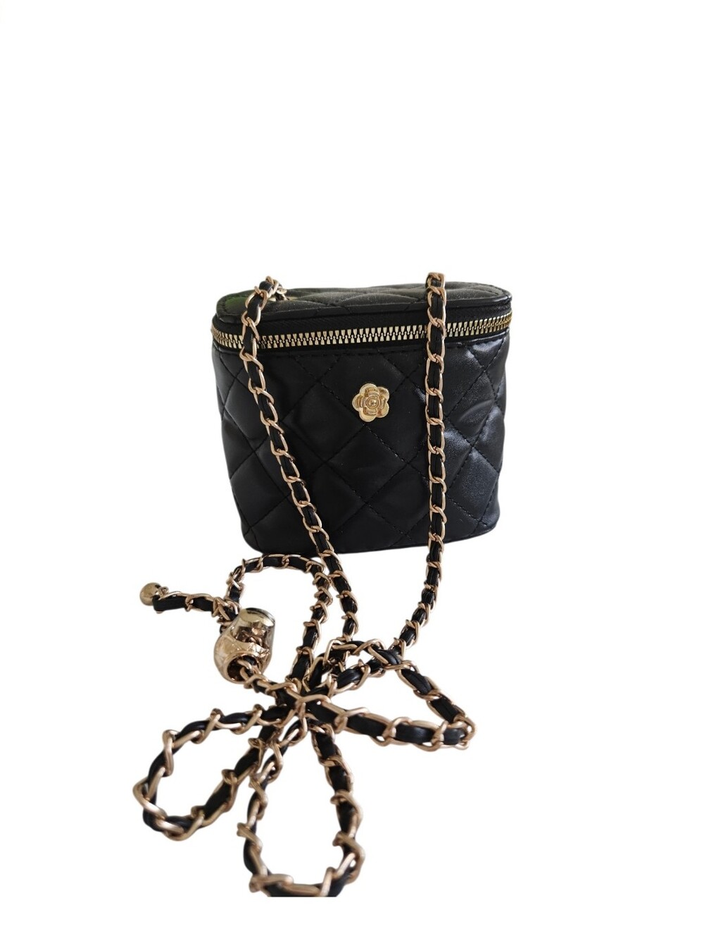 Camellia Quilted Black Crossbody Bag with Gold Chain